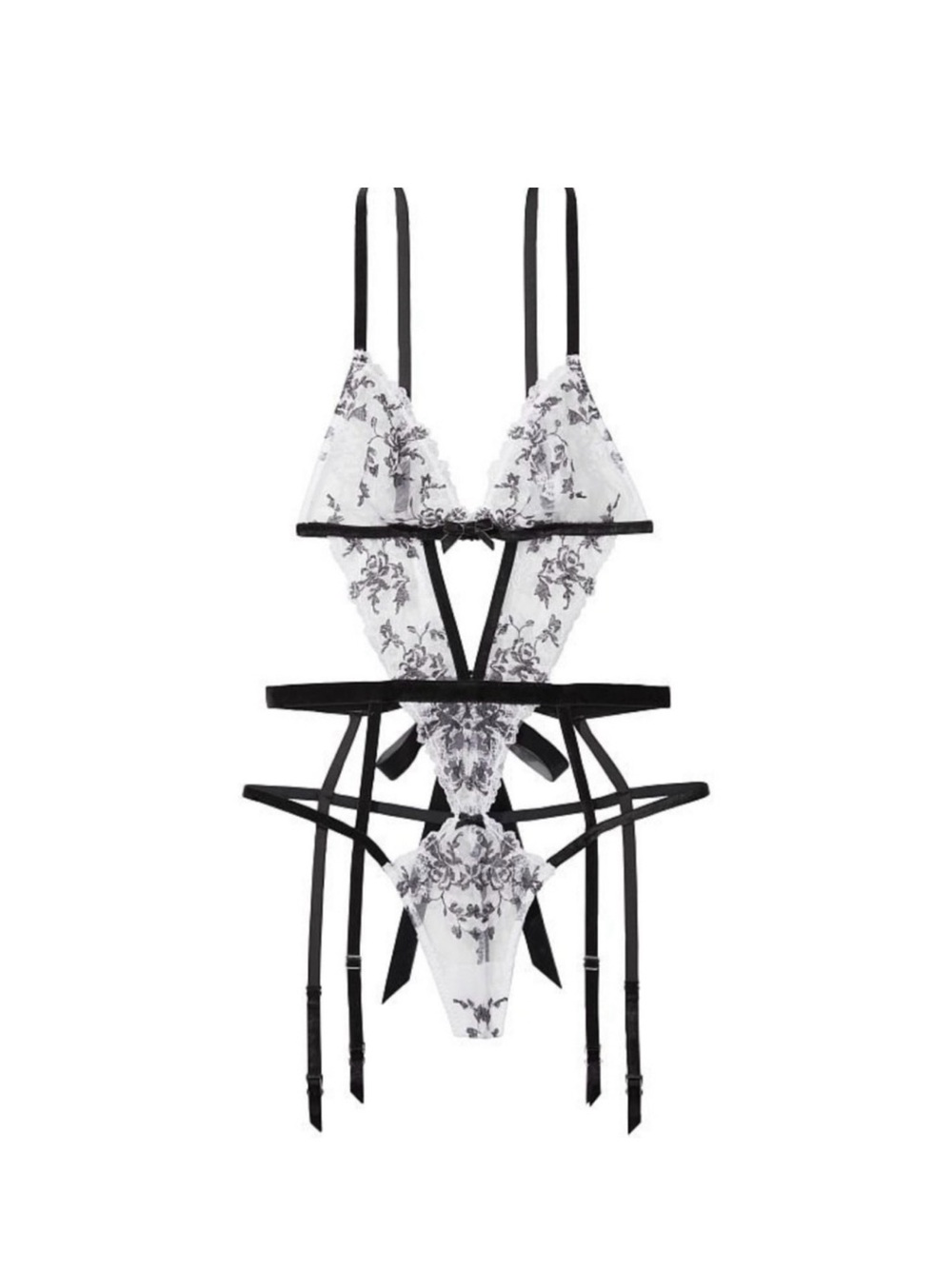 Victoria secret Sheer Floral Lace Strappy Teddy in White and Black